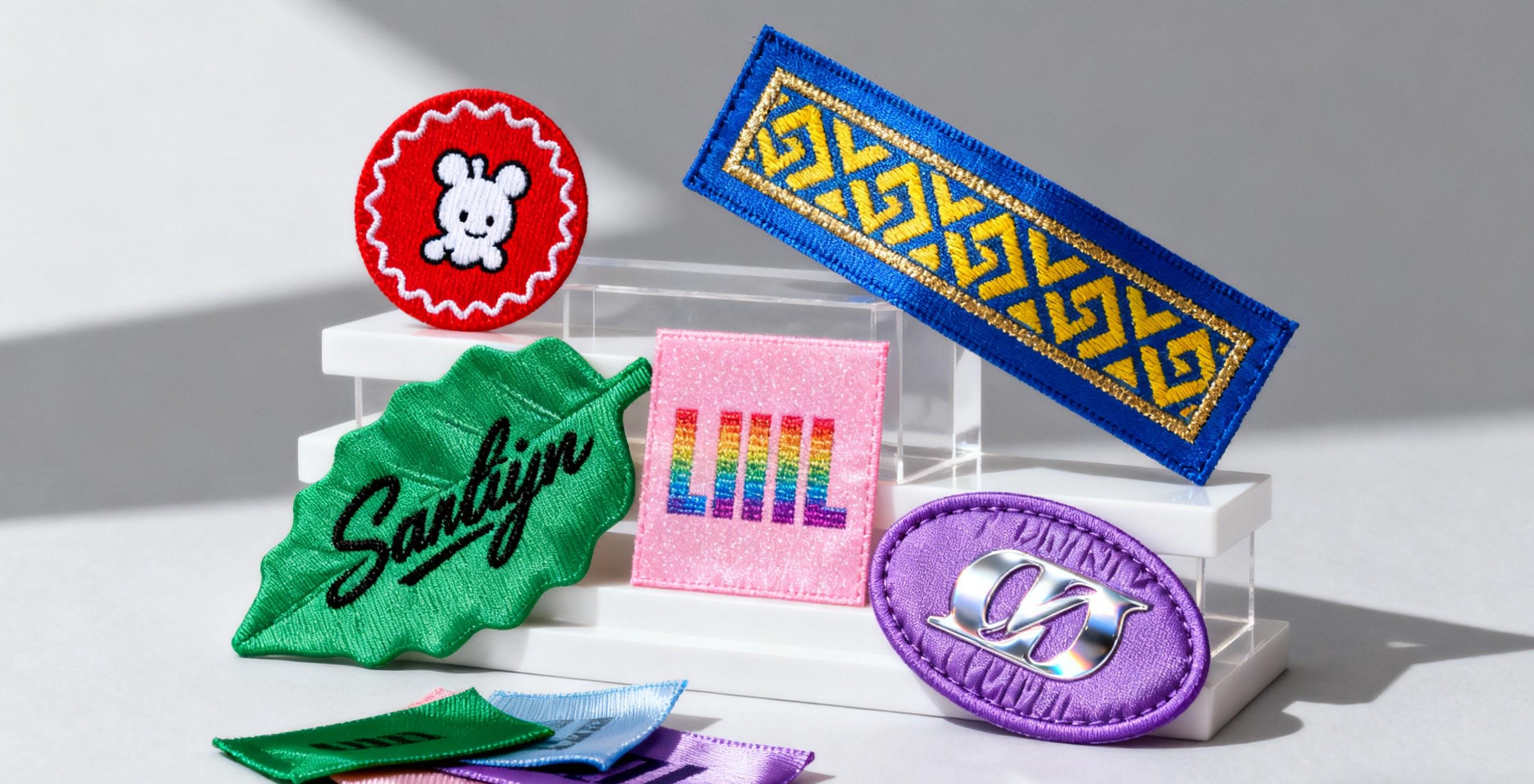 Printed garment labels with colorful logo designs.